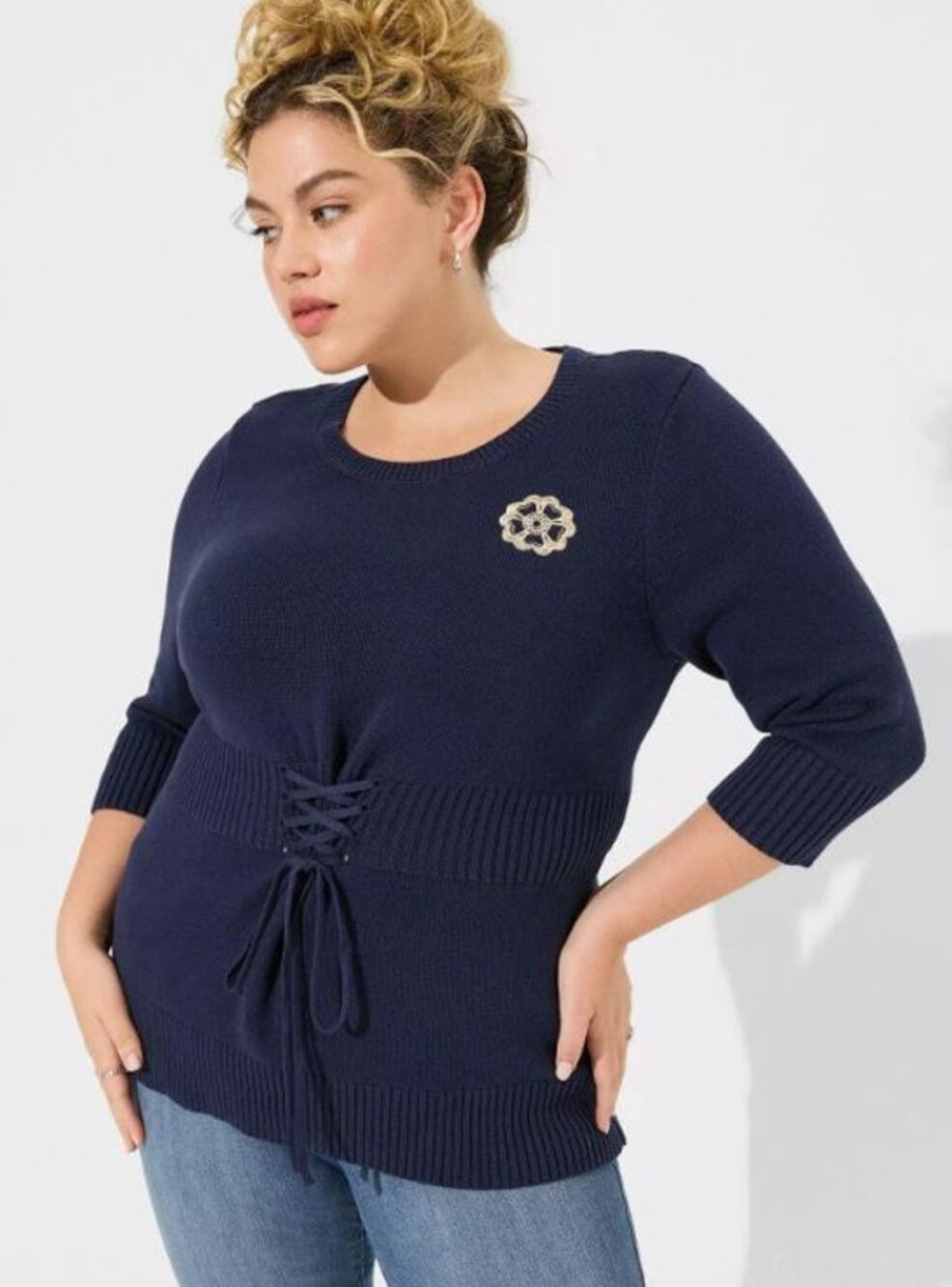 Torrid Outlander Lattice Front Quarter Sleeve Tunic Sweater Women's Size 5X Blue